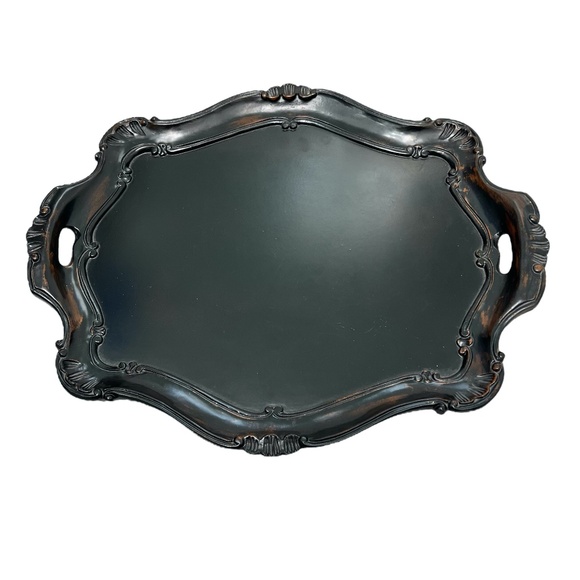 VINTAGE ITALIAN BROWN WOOD HANDLED TRAY WITH ACANTHUS LEAF & SCROLL DECORATION - Picture 1 of 15